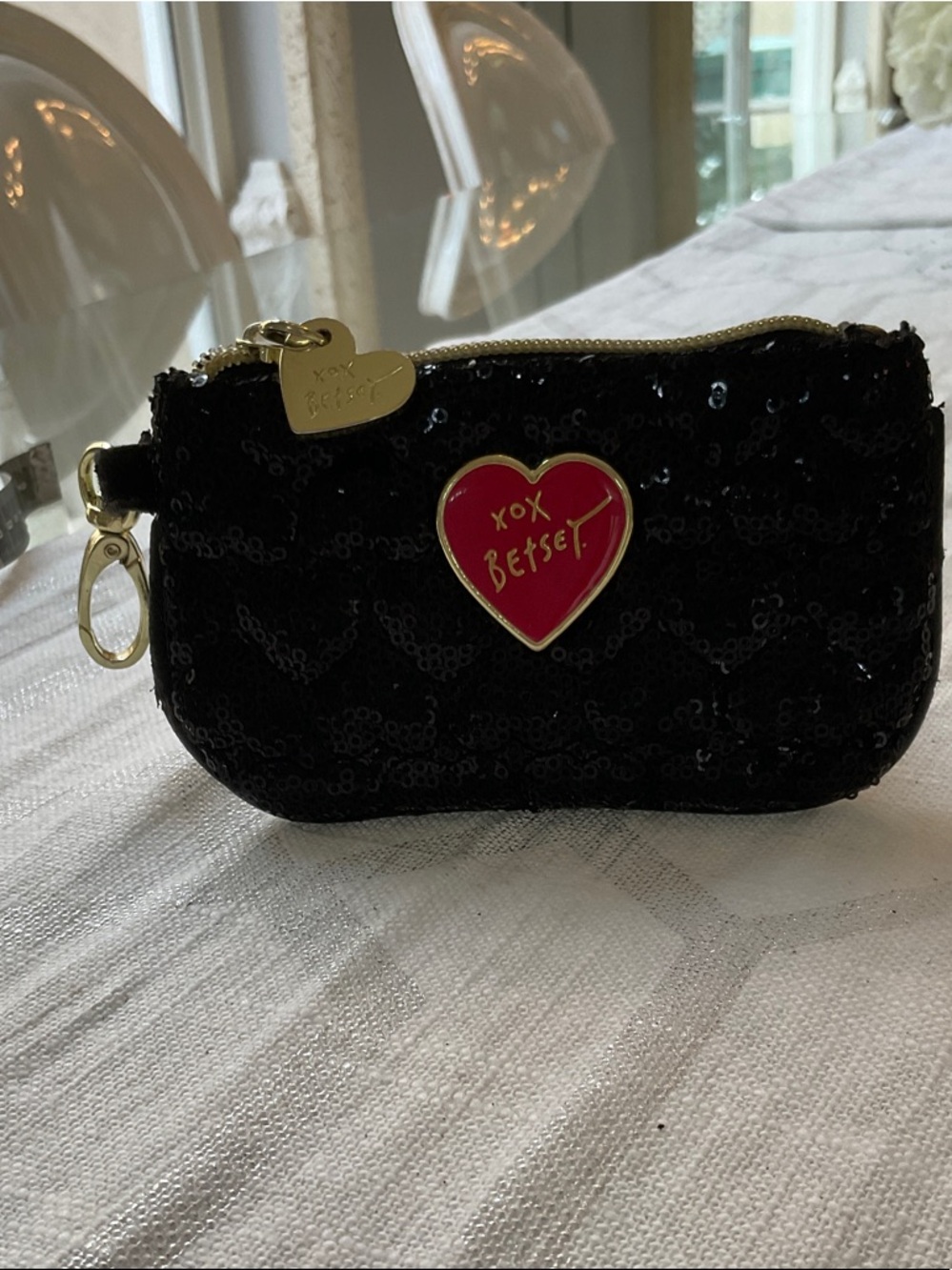 Betsey Johnson Black Sequin Coin Pouch with Red Heart Emblem